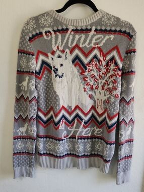 Game of Thrones Winter Is Here Ghost Direwolf Holiday Sweater Grey Medium